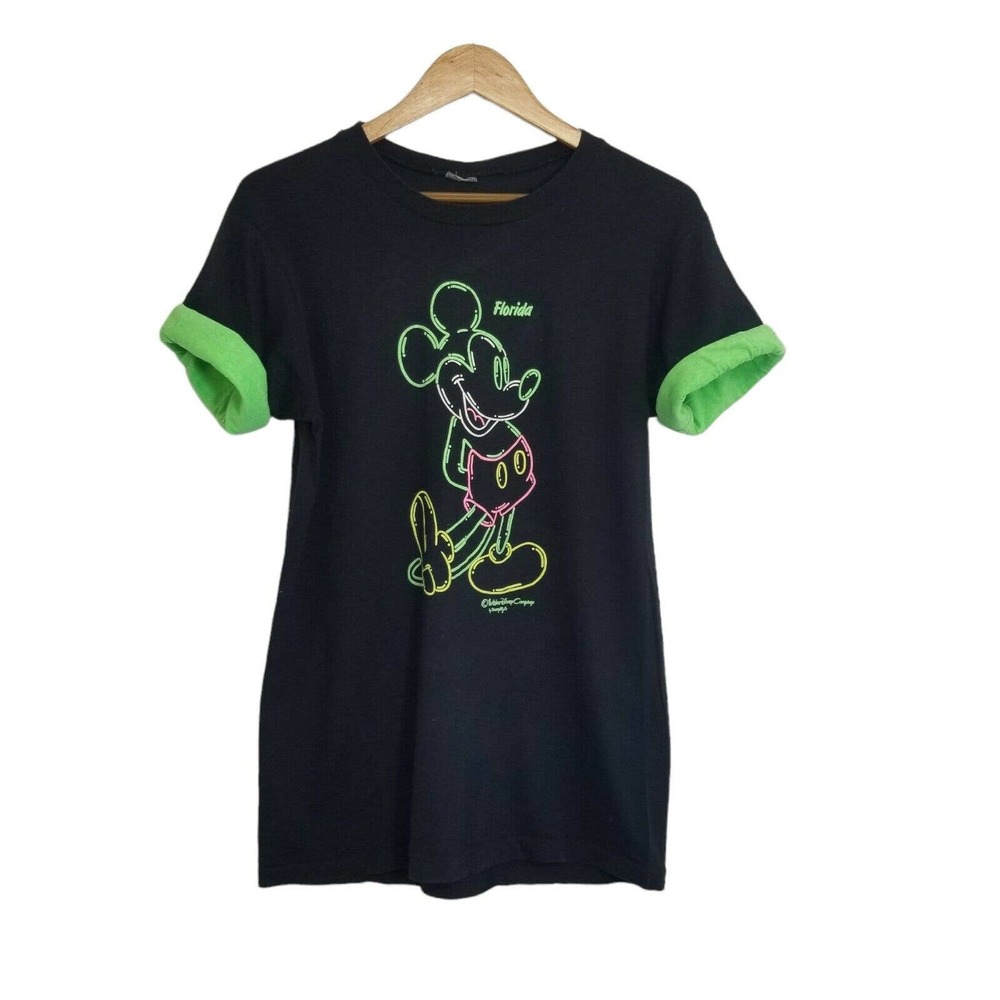 Vtg Walt Disney Neon Outline Mickey Mouse Green Roll Cuffs Single Stitch Tshirt